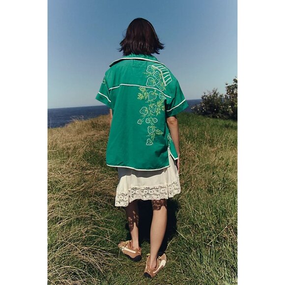 Free People Strawberry Shirt Womens XS Green Embroidered Vintage Oversized Retro - Picture 2 of 8